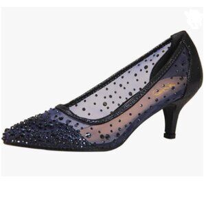 XYD Navy Pointed Toe Slip On Mesh Pumps Rhinestone Studs Comfy Kitten Heels Shoe